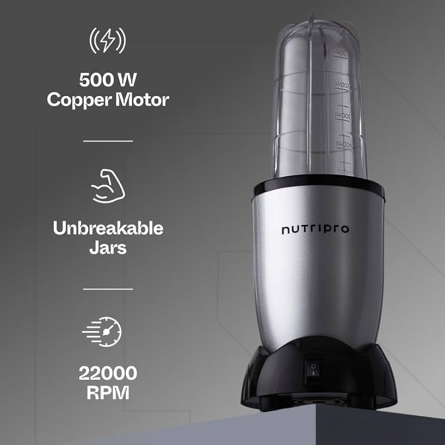 NutriPro Juicer Mixer Grinder - Smoothie Maker - 500 Watts (2 Jars & 1 Blade, Silver) - 2 Year Warranty