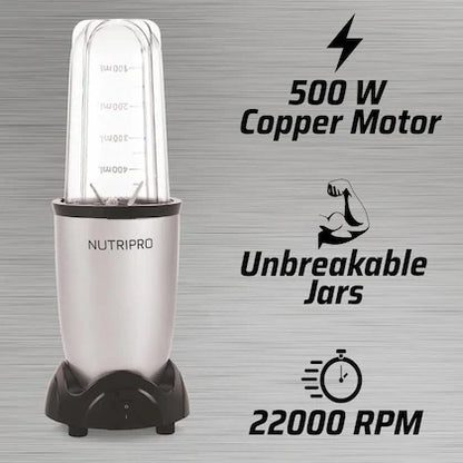 NutriPro Juicer Mixer Grinder - Smoothie Maker - 500 Watts (2 Jars & 1 Blade, Silver) - 2 Year Warranty